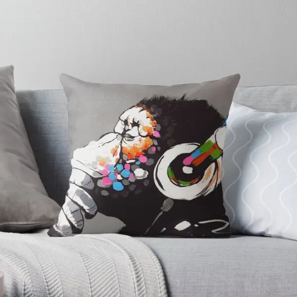 

Banksy Dj Monkey Thinker With Headphones Printing Throw Pillow Cover Soft Waist Anime Decorative Fashion Pillows not include
