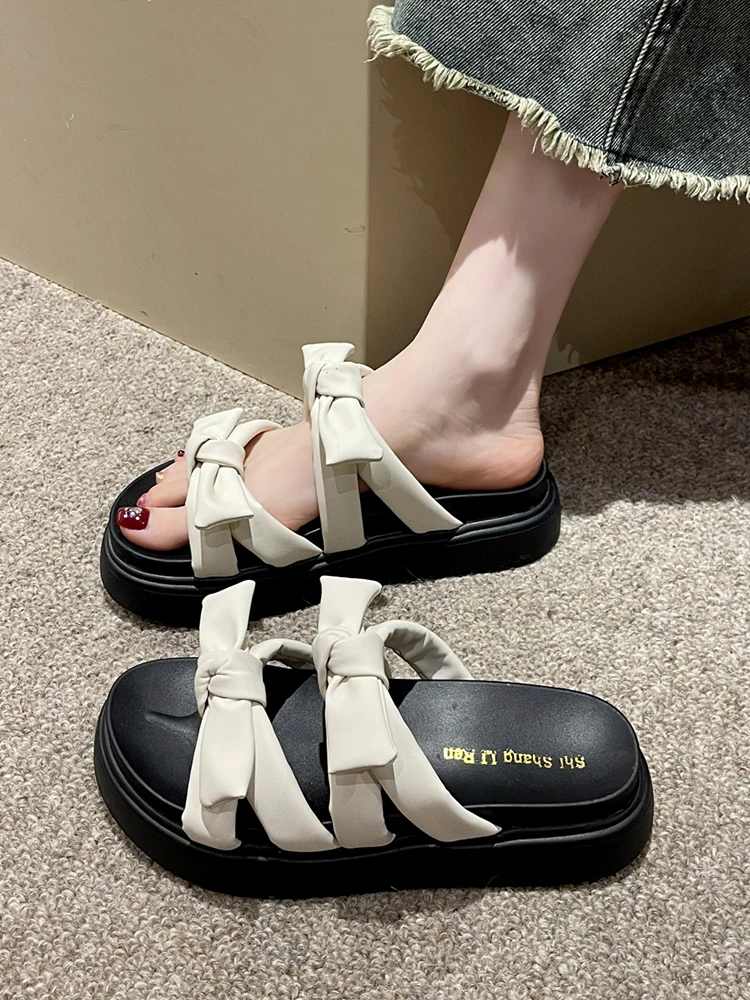 

Shoes Woman 2023 Slippers Summer Butterfly-Knot Pantofle Med Shale Female Beach Luxury Slides Platform Rubber New Flat Sabot Sof
