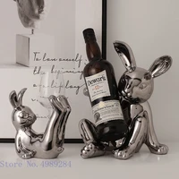 creative ceramic rabbit wine rack wine storage simulation animal statue silver craft furnishings cartoons modern home decoration