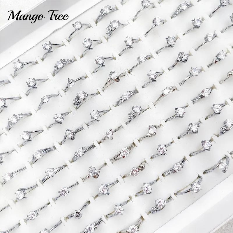 

50Pcs/Lot Crystal Rhinestone Rings For Women Wedding Proposal Party Fashion Charm Jewelry Round Zircon Finger Ring Wholesale