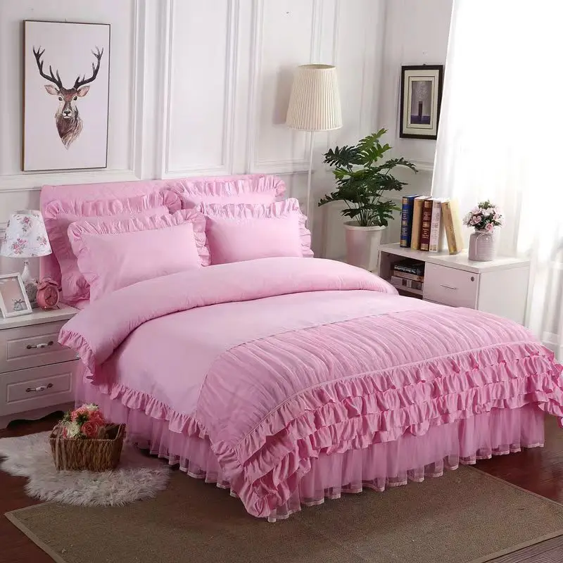 

Pure color superfine fiber lace quilt cover skin-friendly Korean four sets