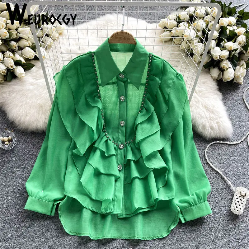 

Chiffon Women Shirt 2023 Summer New Korean Edition Solid Long Sleeve Lapel Tops Loose Ladies Fashion Y2K Thin Casual Blouse