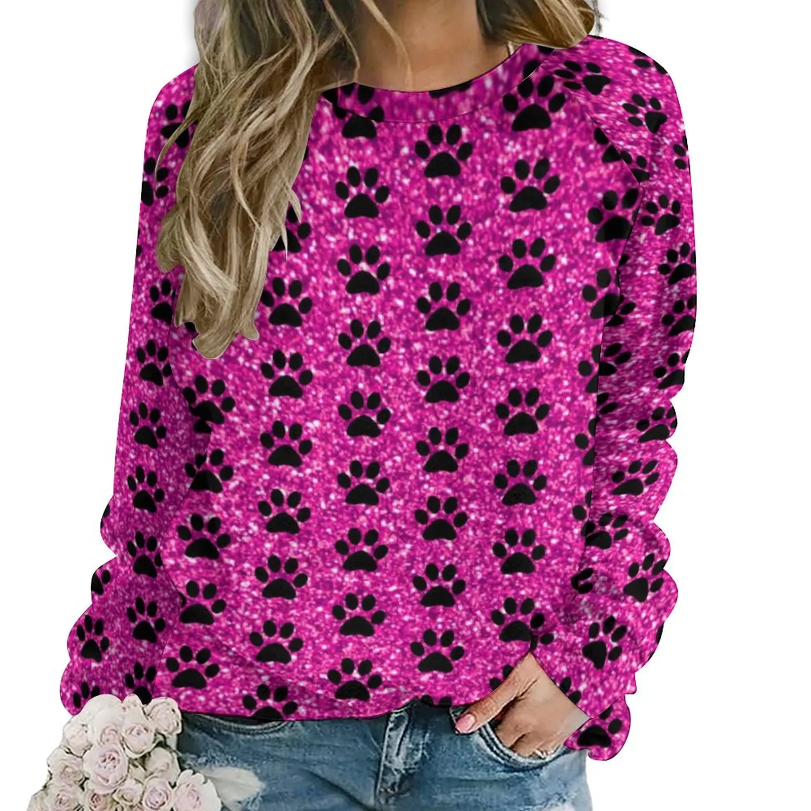 

Dog Paws Casual Hoodies Womens Purple Glitter Print Kawaii Design Hoodie Spring Long Sleeve Street Style Oversize Sweatshirts
