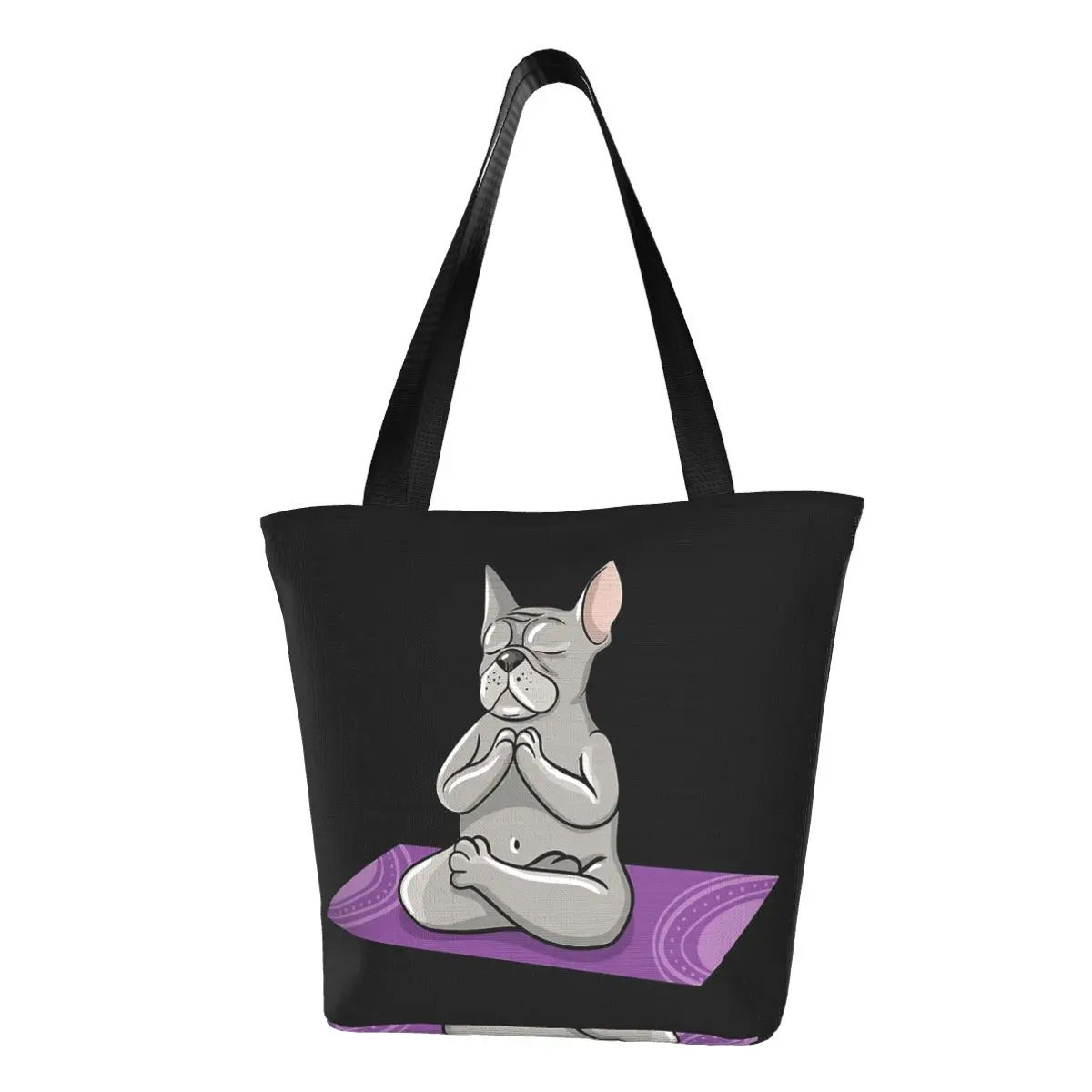 Yoga French Bulldog Polyester outdoor girl handbag, woman shopping bag, shoulder bag, canvas bag, gift bag