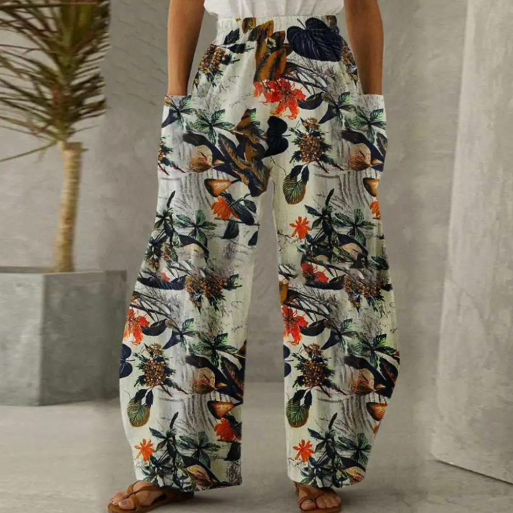 

Long Pants High-Waist Leisure Pants Retro Fruit Tree Pattern Casual Wide Leg Trousers