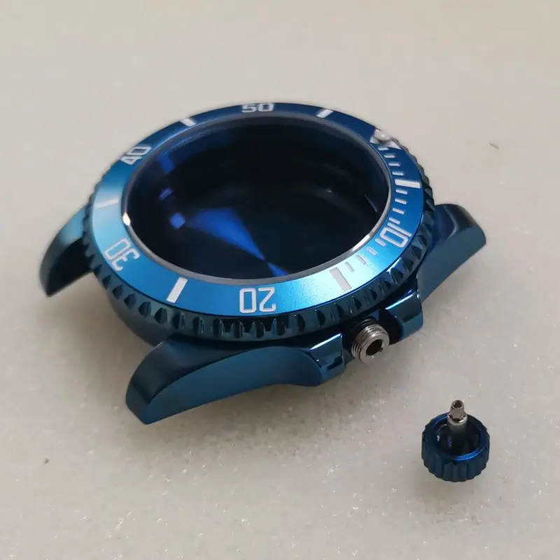 Blue SUB Watch Case Sapphire Crystal Glass Fits NH35 NH36 7S26 4R Japan Automatic Movement 28.5mm Dial Crown at 3.0 Oclock Cases