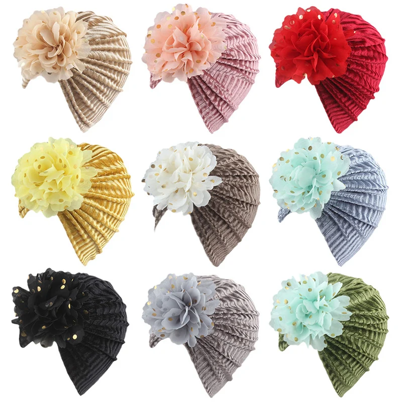 

Cute Flower Baby Hat Turban Infant Toddler Solid Color Cap Bonnet Headwraps Gold Velvet Baby Girl Hats