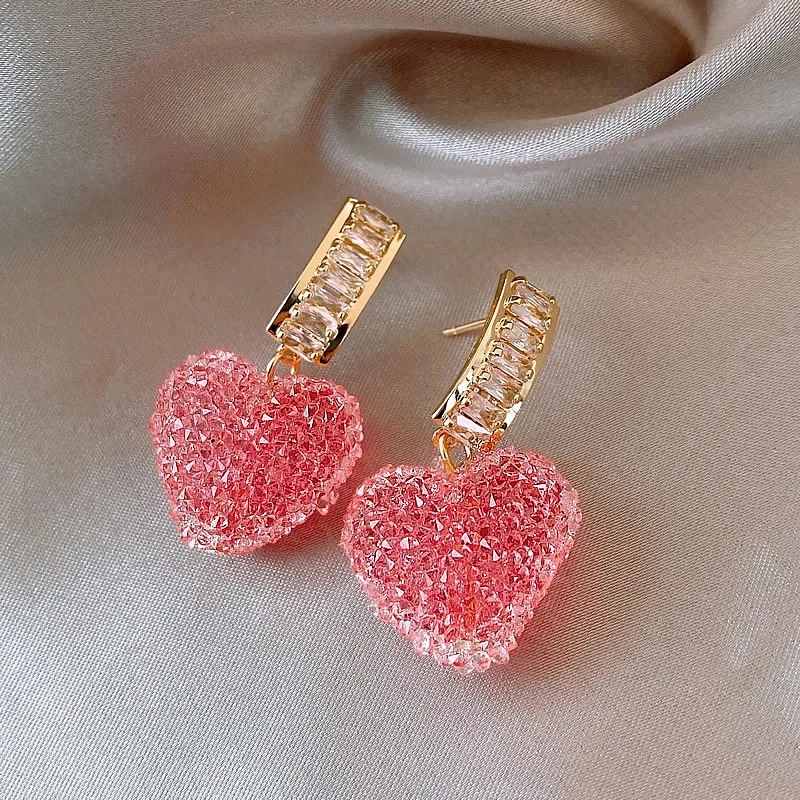 2023 New Arrival Trendy Lovely Pink Heart Dangle Earrings For Women Fashion Cute Sweet Crystal Jewelry Girl Gifts