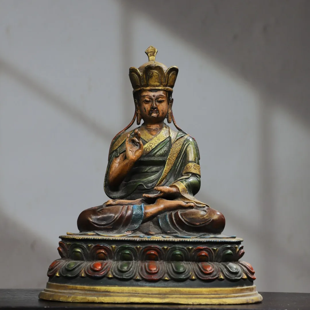

Коллекция тибетских храмов, 10 дюймов, старинная бронзовая окрашенная кситигарбха Бодхисаттва, амитбха, лотос, террасы, сидя, коридор