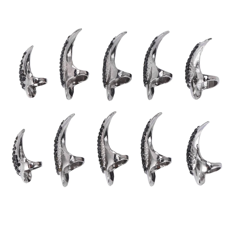 

10Pcs/Set Diy Jewelry Punk Style Paved Paw Bend Fingertip Finger Claw Ring Set Fake False Nails Set black