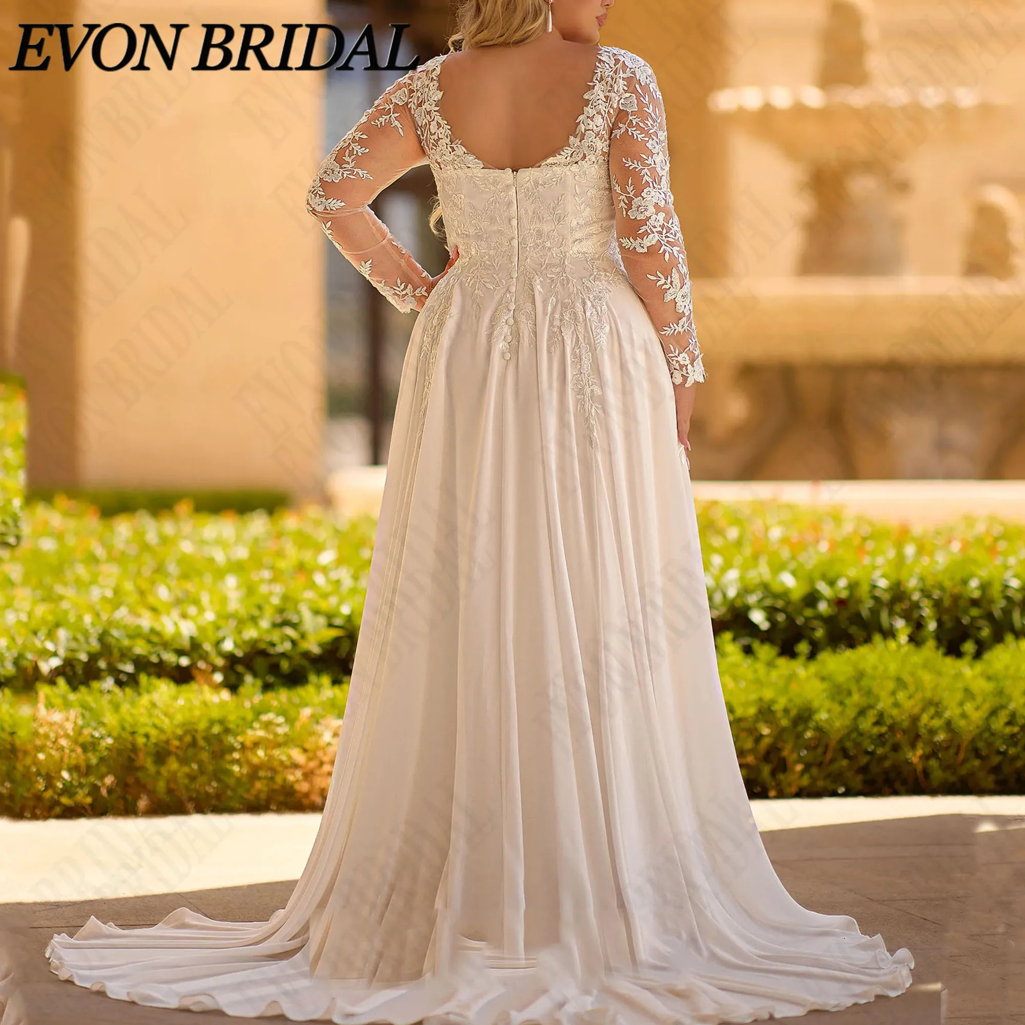 Фото EVON BRIDAL Свадебное платье кружевные аппликации длинные рукава А-силуэт шифон V-образный вырез открытая спина свадебное платье на заказ большого размера молния с пуговицами стиль бохо платье невесты №4