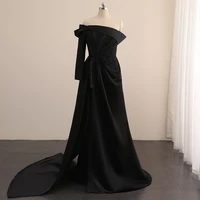 weilinsha evening dresses one shoulder beading a line black satin prom gowns 2022 new real shot for guest court train vestidos