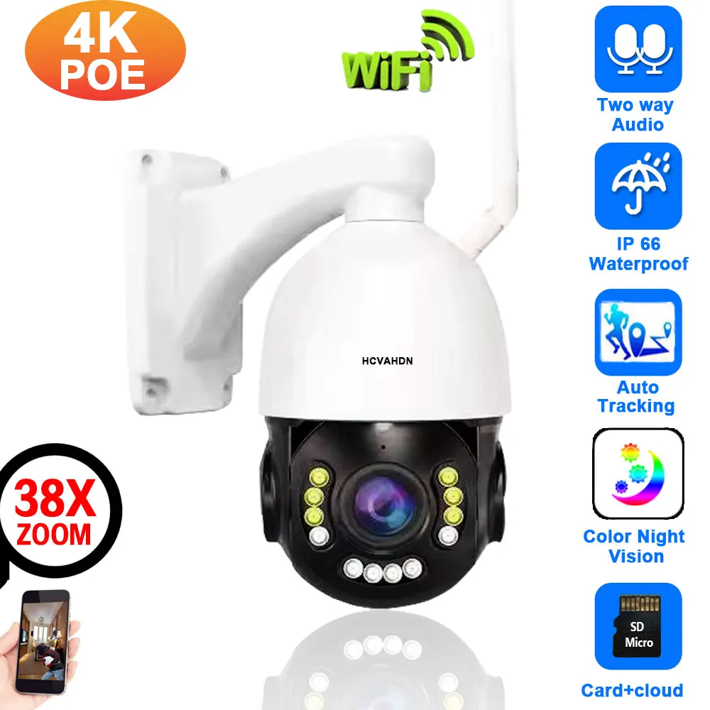 

8MP 4K POE PTZ IP Camera Wifi 2 way audio Outdoor Ai Auto Tracking 30X 38X Zoom Color Night Vision POE CCTV Security Camera 5MP