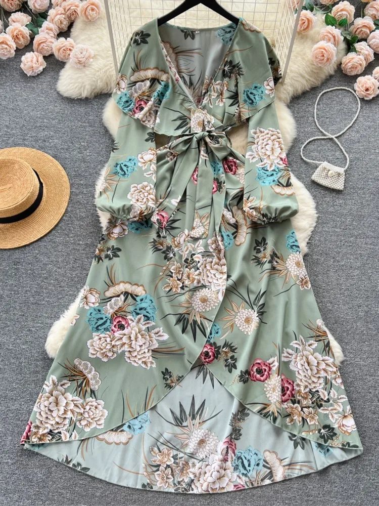 

Новое модное элегантное шифоновое платье с цветочным принтом для женщин, на шнуровке, с v-образным вырезом, с длинным рукавом, повседневное, ТРАПЕЦИЕВИДНОЕ, Пляжное, бохо, женское платье, Vestidos