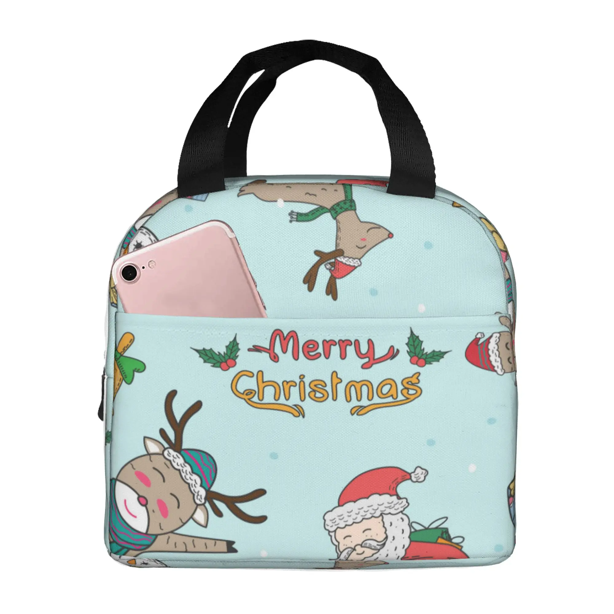 

Christmas Elements Cartoons Doodle Lunch Bag for Women Large Reusable Insulated Lunch Box for Work, Adult Foldable Tote for