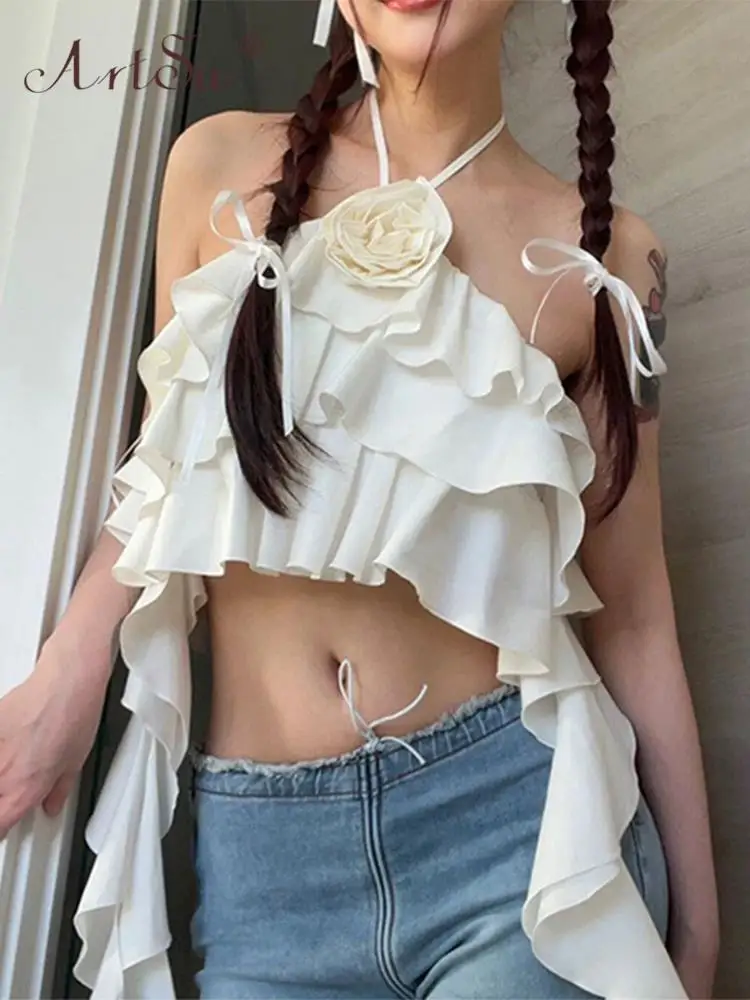 

ArtSu Ruffles Flower Matching Halter Neck Sexy Backelss Crop Top Women Fashion Short Tank Top Party Club Clothes 2023 ANDYVE2342