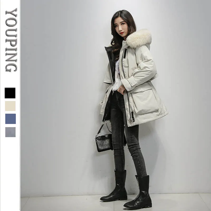 YOUPING Korean Fashion Women Parkas Down Jacket 2022 New Thicken Fur Collar Hooded Jacket Mid-length Loose Thick Cotton Clothing