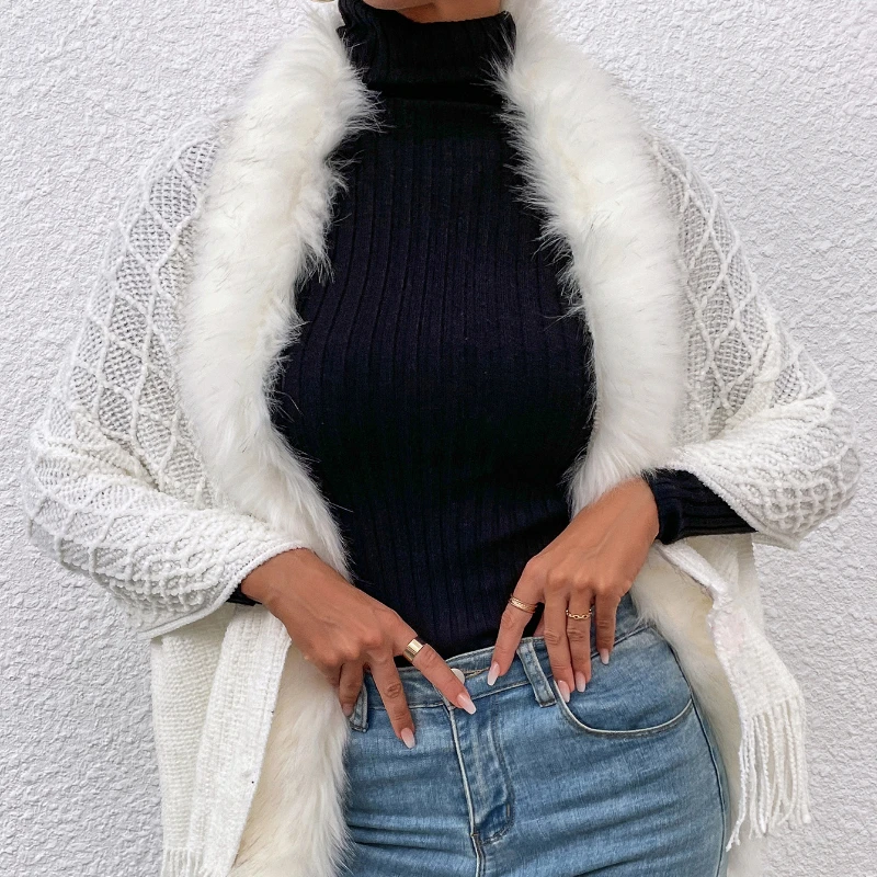 Black Solid Knitted Y2K Cardigan Fur Trim Elegant Fashion Sweaters Women Long Sleeve Slim Autumn Winter Jackets Outwear Fur Coat