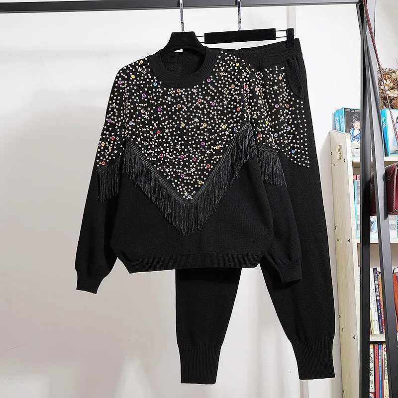 

Осенние свитера TEELYNN с круглым вырезом и длинными рукавами 2022, повседневный однотонный свободный свитер с бисером и кисточками, вязаные спортивные брюки с высокой талией