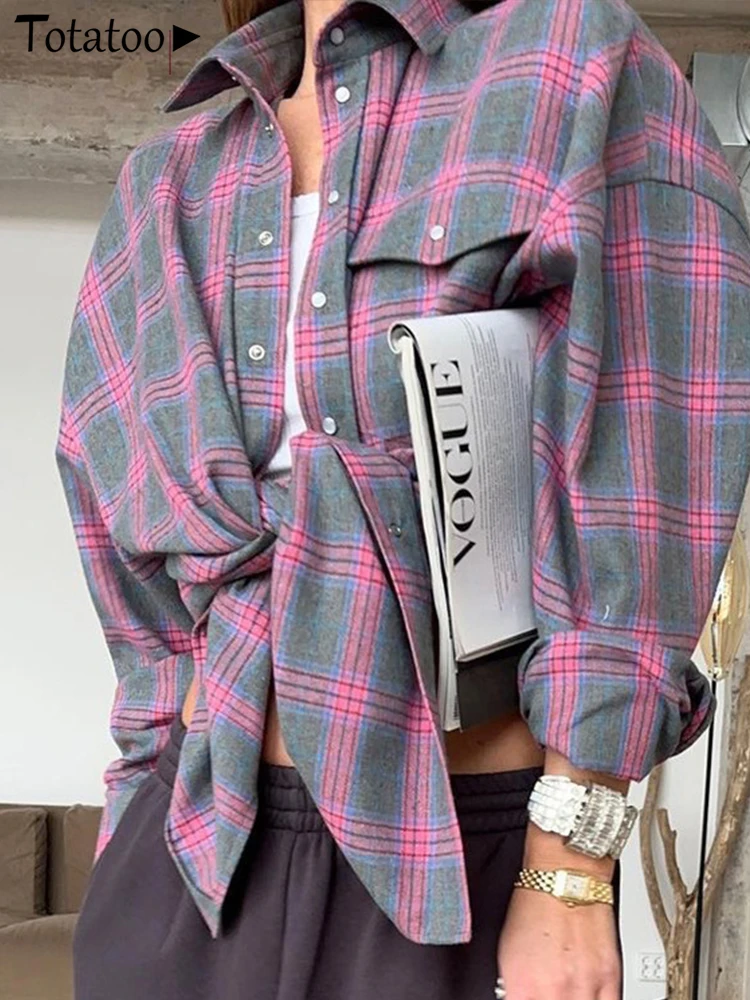 Винтажная женская клетчатая блузка Totatoop рубашки 2024 осенняя оверсайз на