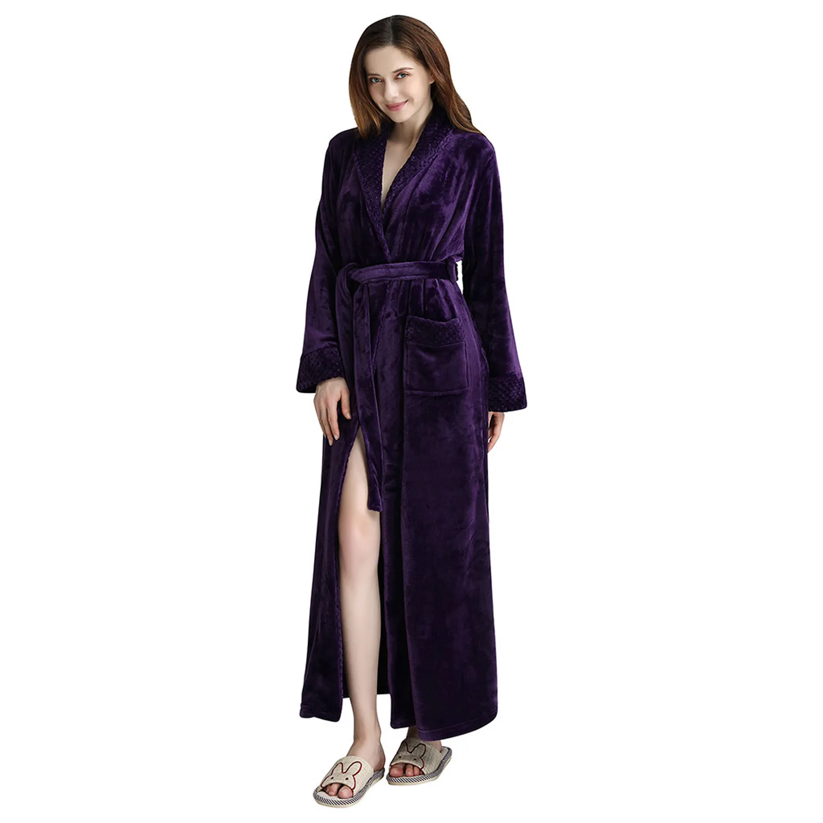 

Home Coat Sleeved Color Long Splicing Winter Clothes Bathrobe Lengthened Women's Solid Robe Intimates Women Intimates