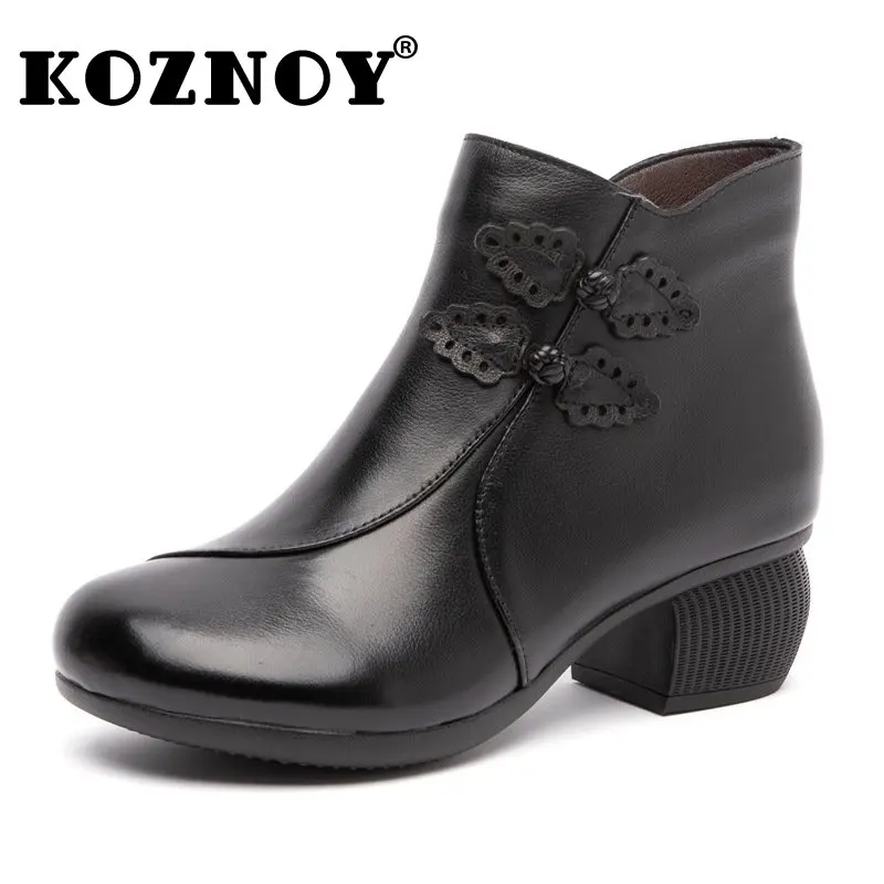 

Koznoy 5cm Natural Cow Genuine Leather Ethnic Knot Autumn Women Ladies Winter Plush Warm Soft Sole ZIP Mature Moccasins Shoes