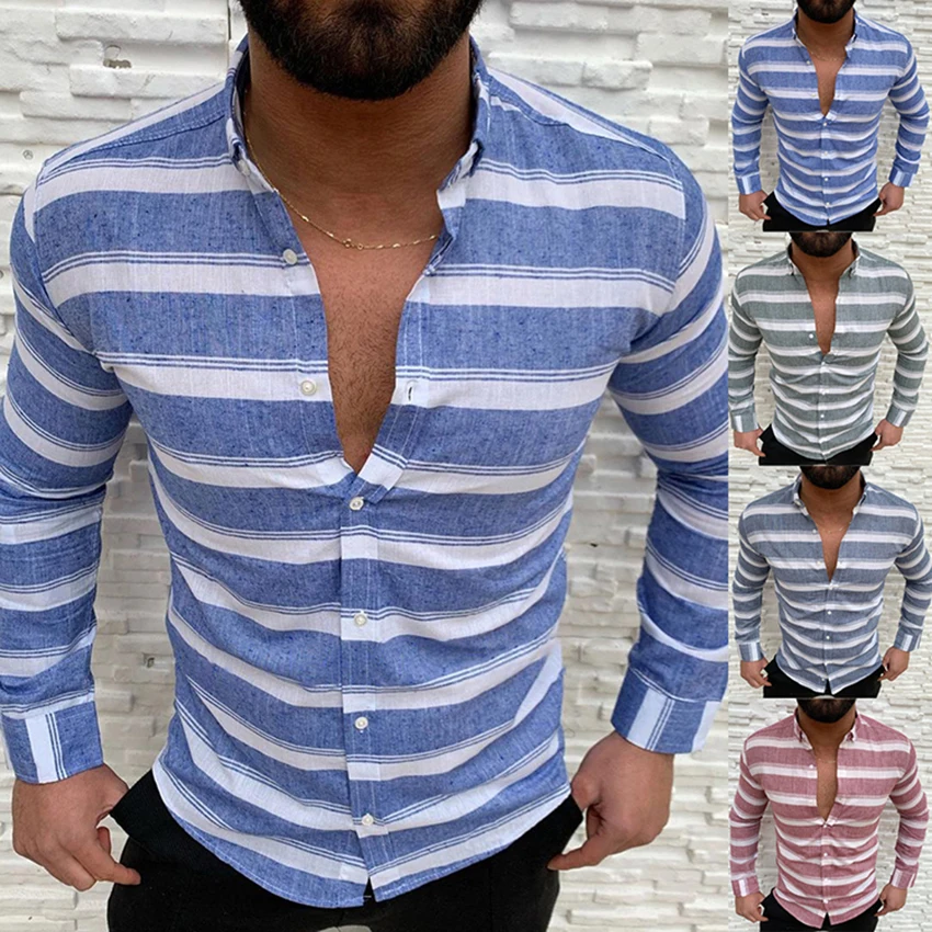 

Mens Shirt Long sleeve Shirt Top Striped Streetwear Turn-down Collar Casual Male Shirt Fashion Shirt For Man