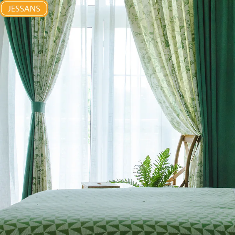 

Green mosaic curtain art living room shade curtain rural cotton linen bay curtains for bedroom living room curtain floral
