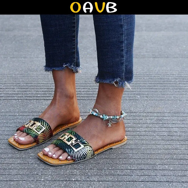 

OAVB Roman Metal Buckle Women's Slippers Beach Summer Woman Shoes Flip Flop Womens Slipper Female Sandals Women 2023 Ladies