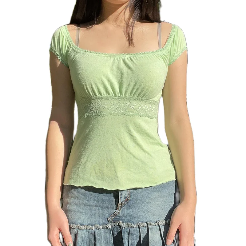 

Укороченный топ в стиле гранж в стиле ретро, модная зеленая футболка с кружевной отделкой в Корейском стиле, Y2K, милые футболки с коротким рукавом для девушек, летняя одежда