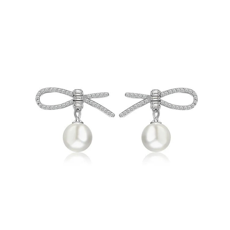 

Lefei Fashion Trendy Luxury Design Waterdrop Pearl Diamond-set Bowknot Earrings For Women Silver s925 Party Charms Jewelry Gifts