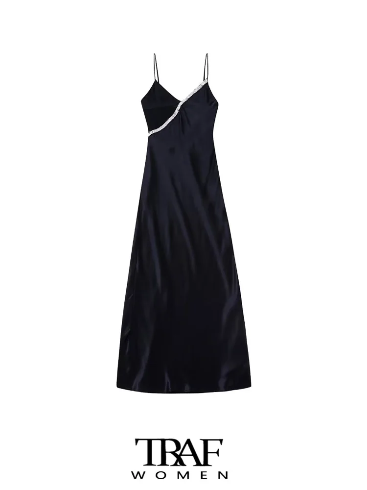 

TRAF Women Fashion With Rhinestone Soft Midi Dress Vintage Backless Zipper Thin Straps Female Dresses Vestidos Mujer