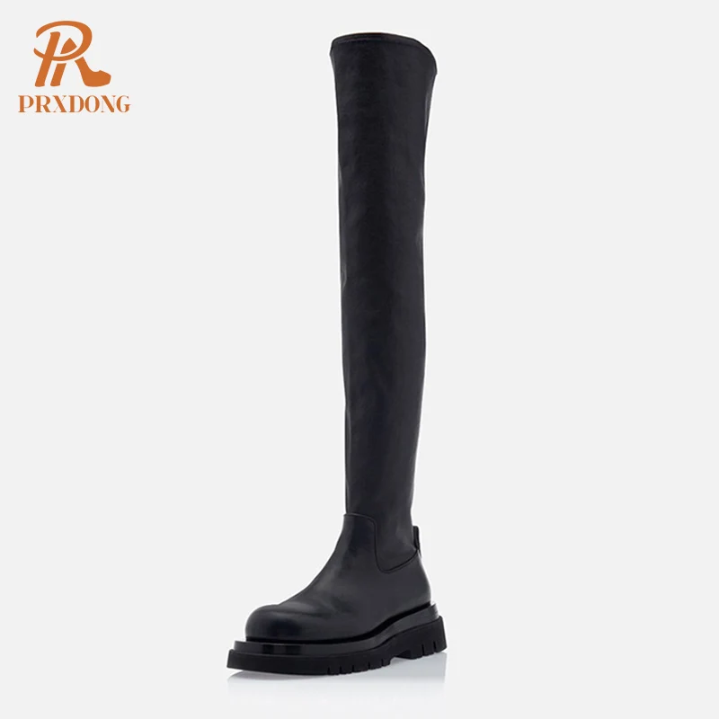

Woman‘s Over The Knee Boots 2022 Genuine Leather Zipper Thin Elasticity Flat-Bottomed Platform Black Elastic Long Boots Size 39