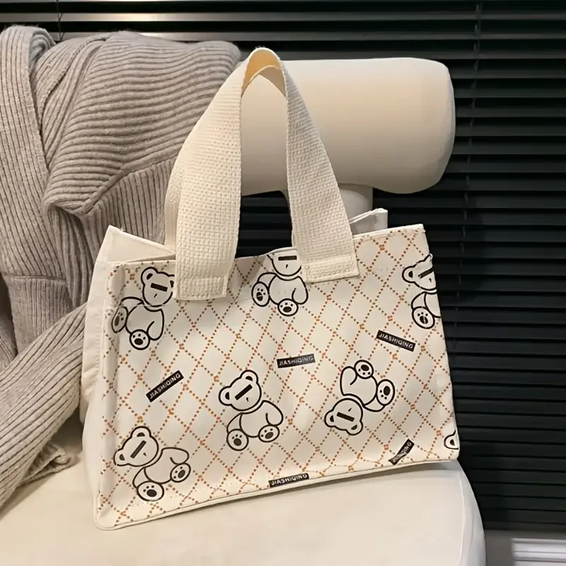 

Повседневная Сумка-тоут в клетку с рисунком медведя, модная квадратная Холщовая Сумка, кошелек, женские ручные сумки, Ланч-бокс для женщин