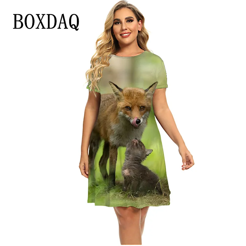 

5XL 6XL Big Sizes Dress Women Foxs 3D Print Clothes Tie Dye Short Sleeve Dresses Summer Plus Size Street O-Neck Loose Mini Dress