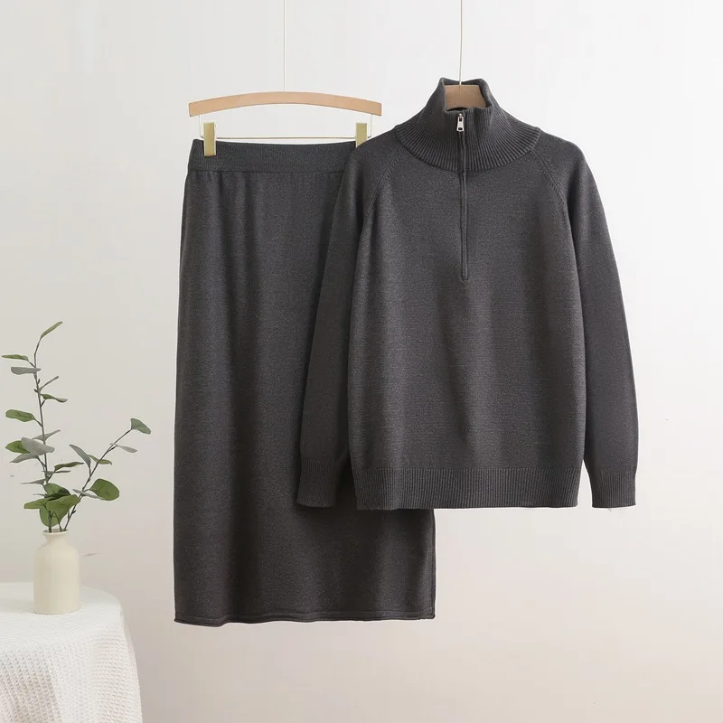 Fall Winter Knitted 2 Piece Sets Women Zipper Long Sleeve Knit Sweater Pullover Tops Conjuntos Casual High Waist Skirts Outfit