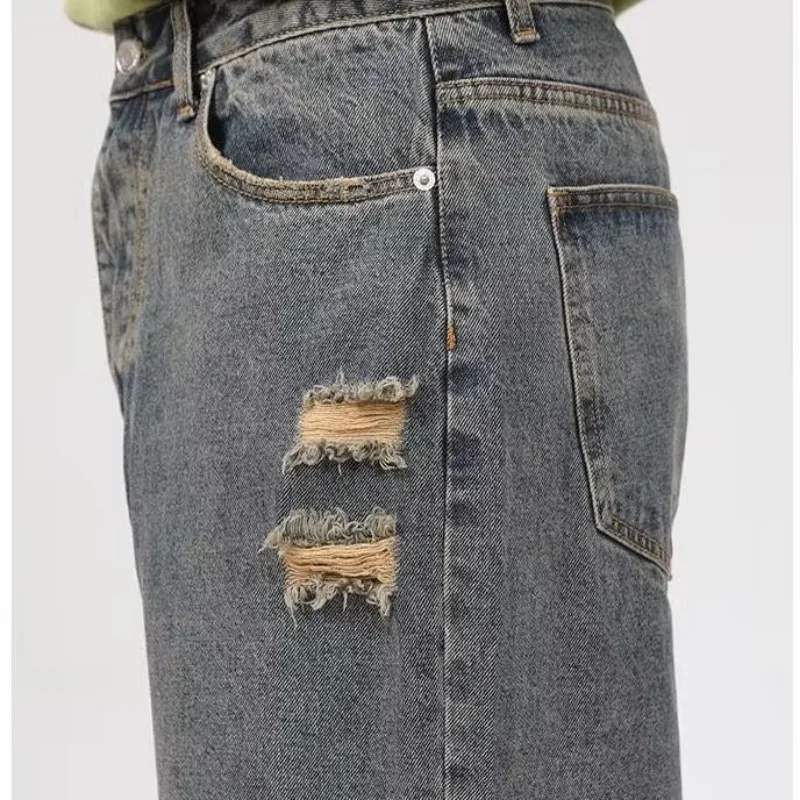 DEEPTOWN Ripped Punk Jeans Loose Casual Streetwear Distressed Denim Trousers Male Cowboy Pants Man Vintage Retro Hip Hop Hole