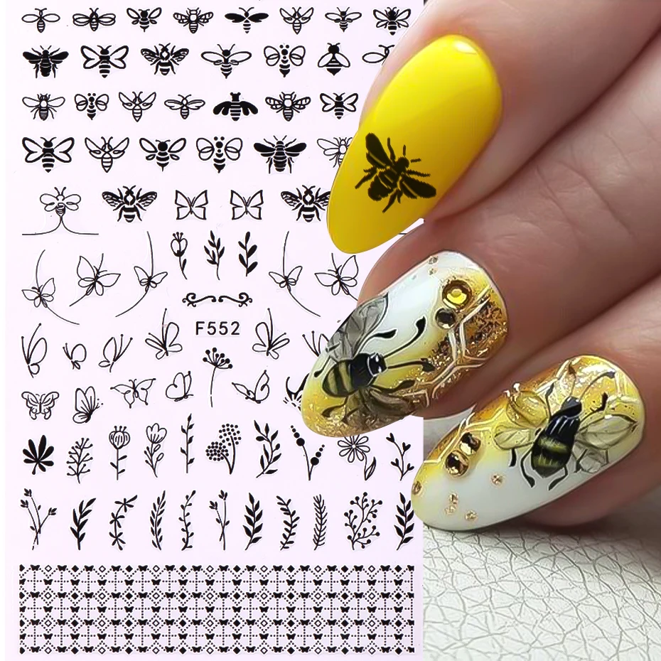 1PC Natural Bee Butterfly Sticker For Nail Design Black White Flower Leaf New Nail Art Decorations Strips Manicure Decals LAF548