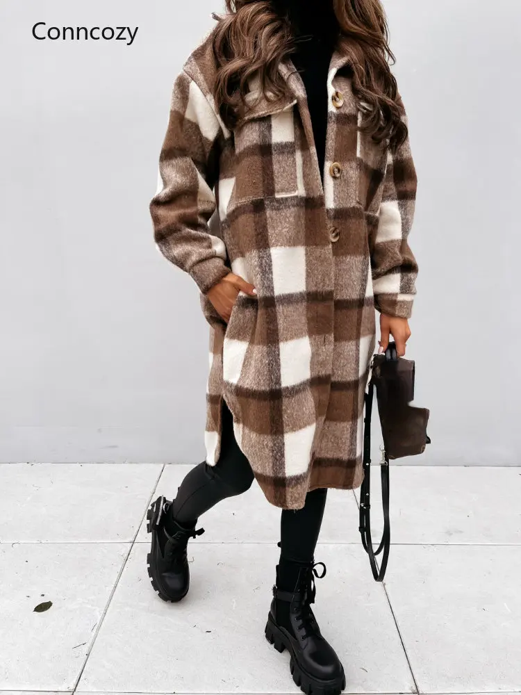 

Autumn Winter Plaid Shirt New Lapel Button Up Loose Irregular Long Jacket Top Coat Fashion Thickened Women Shirts New Camisa