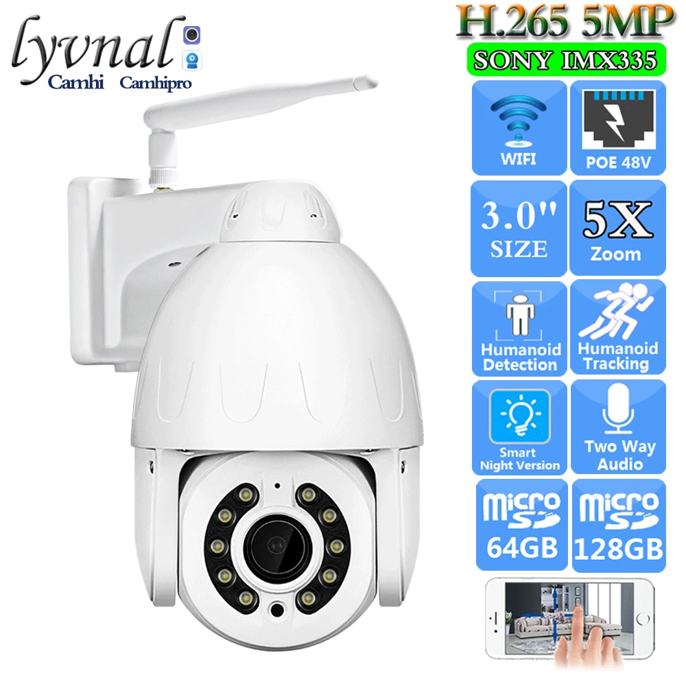 

Sony335 HD 5MP Wireless IP Camera Wifi PTZ Dome POE 48V 5X 10X Auto Zoom Human Tracking Two Way Audio Color Night Vision SD 128G