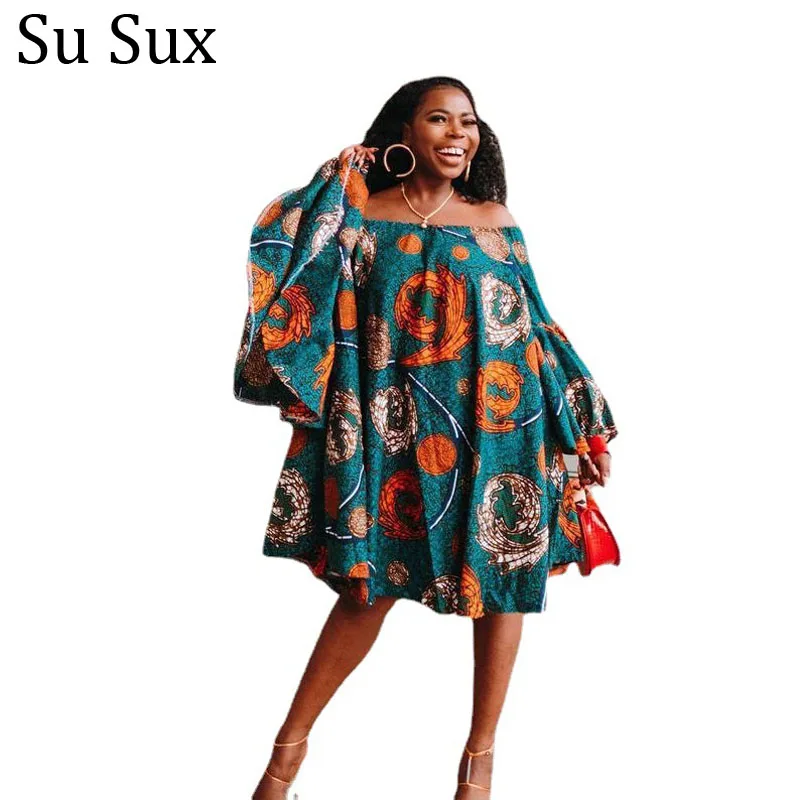 Sexy Slash Neck African Dresses For Women Dashiki African Clothes Flare Sleeve Big Swing Dress Vestidos Nightclub 2022 Autumn