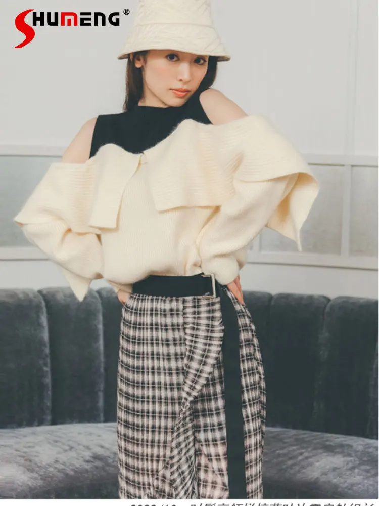 Japanese Style Classic Sweet Ruffled Shoulder-Baring Sweater 2023 Fall New Elegant Turtleneck Patchwork Pullover Knitwear Ladies