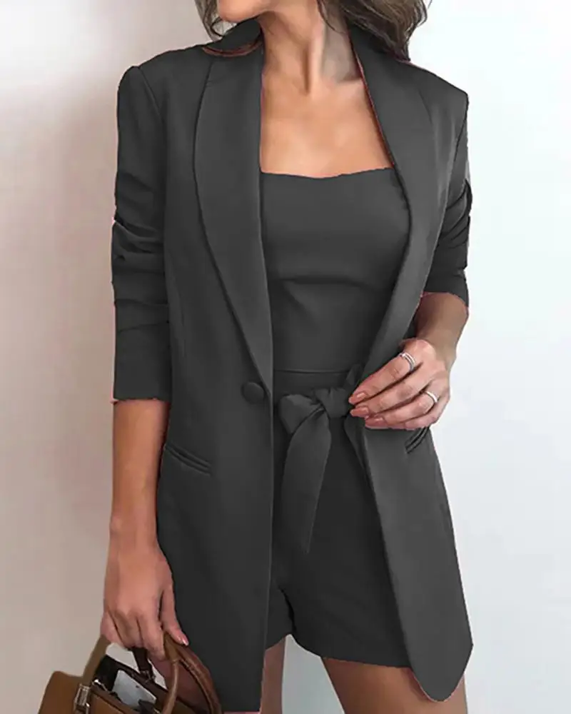 

Top Set Plus Size Solid Color Top and Blazer Jacket and Shorts Set Ladies Elegant Blazer Set Fall Formal Office Ladies OL Shorts