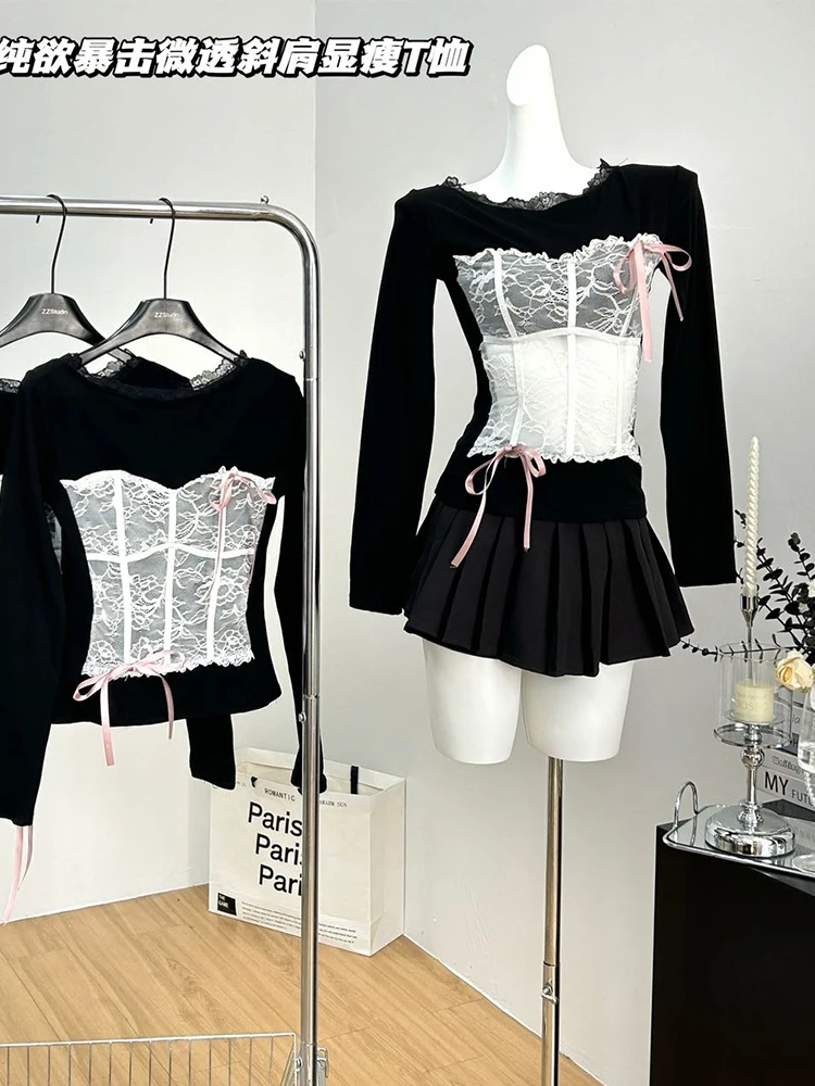 Осень-зима женский кокетный кружевной укороченный топ с длинными рукавами Y2k