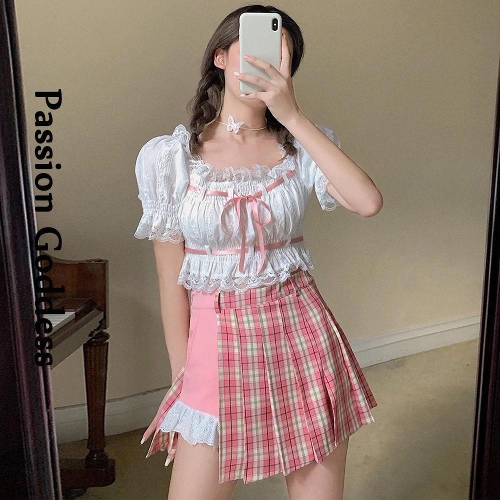 Женский кружевной комплект из 2 предметов в клетку короткий топ с оборками и юбка