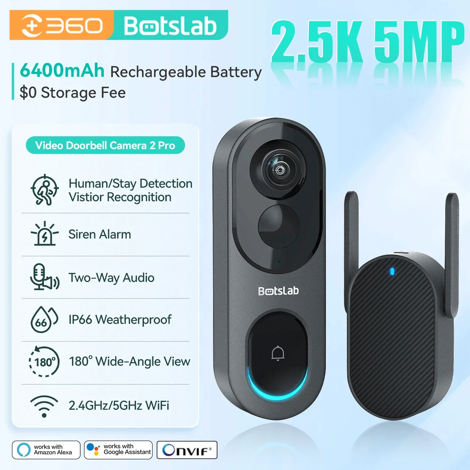 Qihoo360 bottile рыбий глаз LenDoorbell Cam Wifi 5 Мп AI & PIR Обнаружение HDR 2-сторонняя стандартная