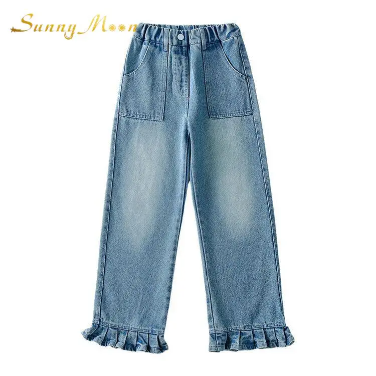 

Fashion girl Baby spring and autumn style lace jeans foreign style loose trousers Korean version casual wide leg jeans