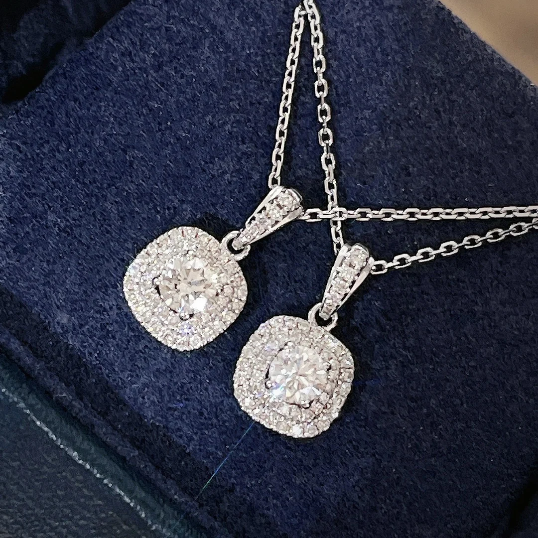 Double Ensemble 8K Gold 32 Points Natural Diamond Small Square Necklace Light Luxury Choker Classic Sweater Chain Pe...