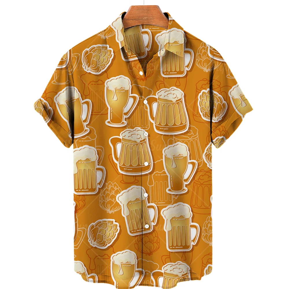 Harajuku Beer 3D Printed Shirts Men's Fashion Tops Short Sleeves Beach Hawaiian Shirts Lapel European Clothes Oversized 5XL