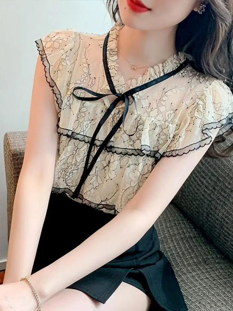 

Elegant Comfortable Sleeveless Lace Blouses Women O-neck Korean Style Sweet Summer Tops Casual Fashion Women's Clothing